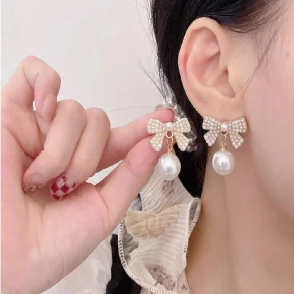 White Bow Coquette Faux Pearl Formal Prom Cocktail Earrings Wedding Jewelry